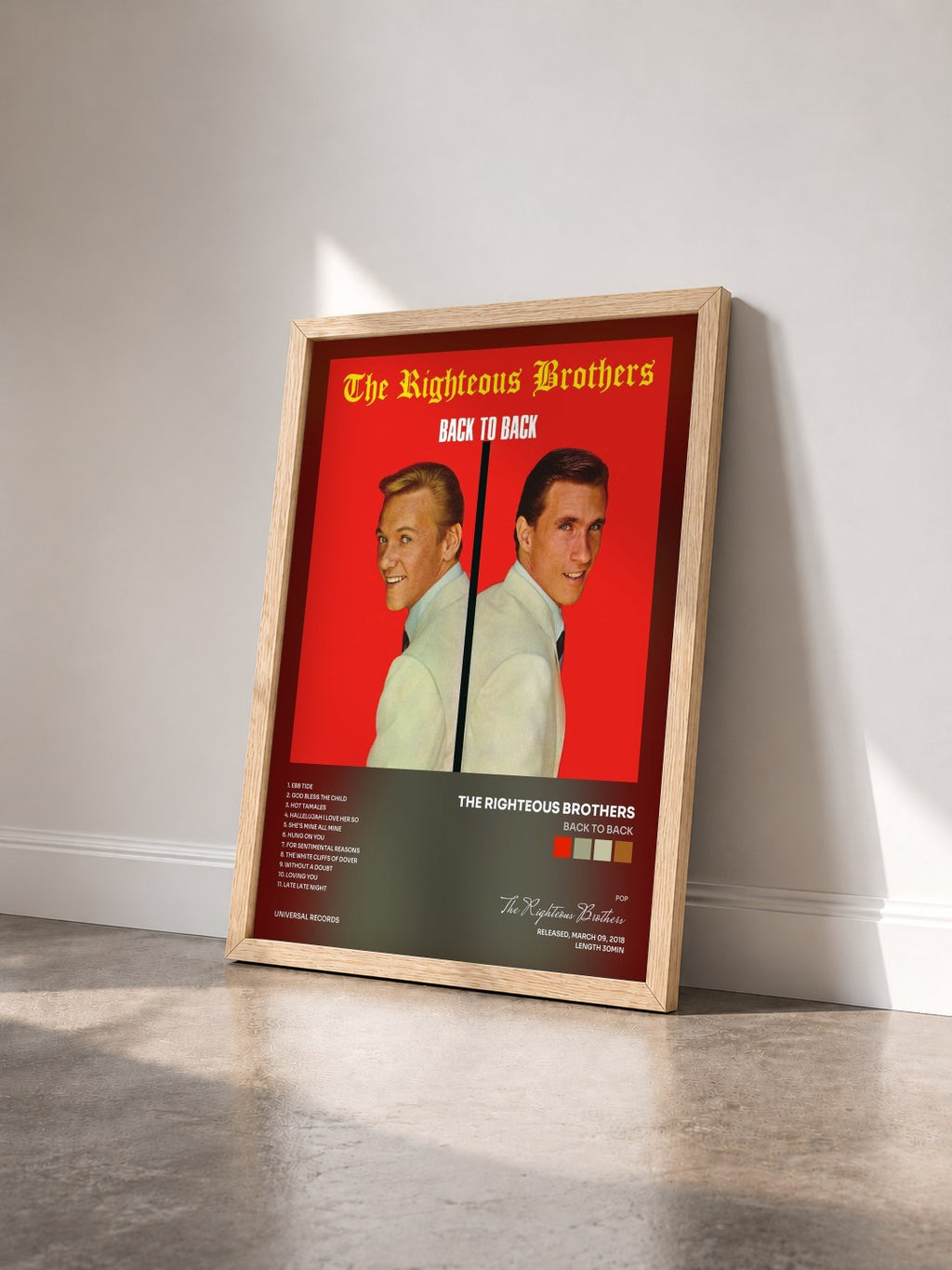 #bois Tableau de l'album Back To Back de The Righteous Brothers vu de trois quarts, cadre en bois brut