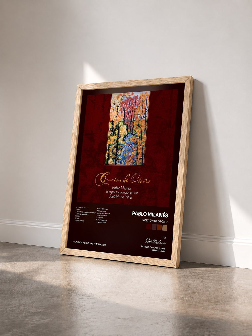 #bois Tableau de l'album Canción de Otoño de Pablo Milanés vu de trois quarts, cadre en bois brut