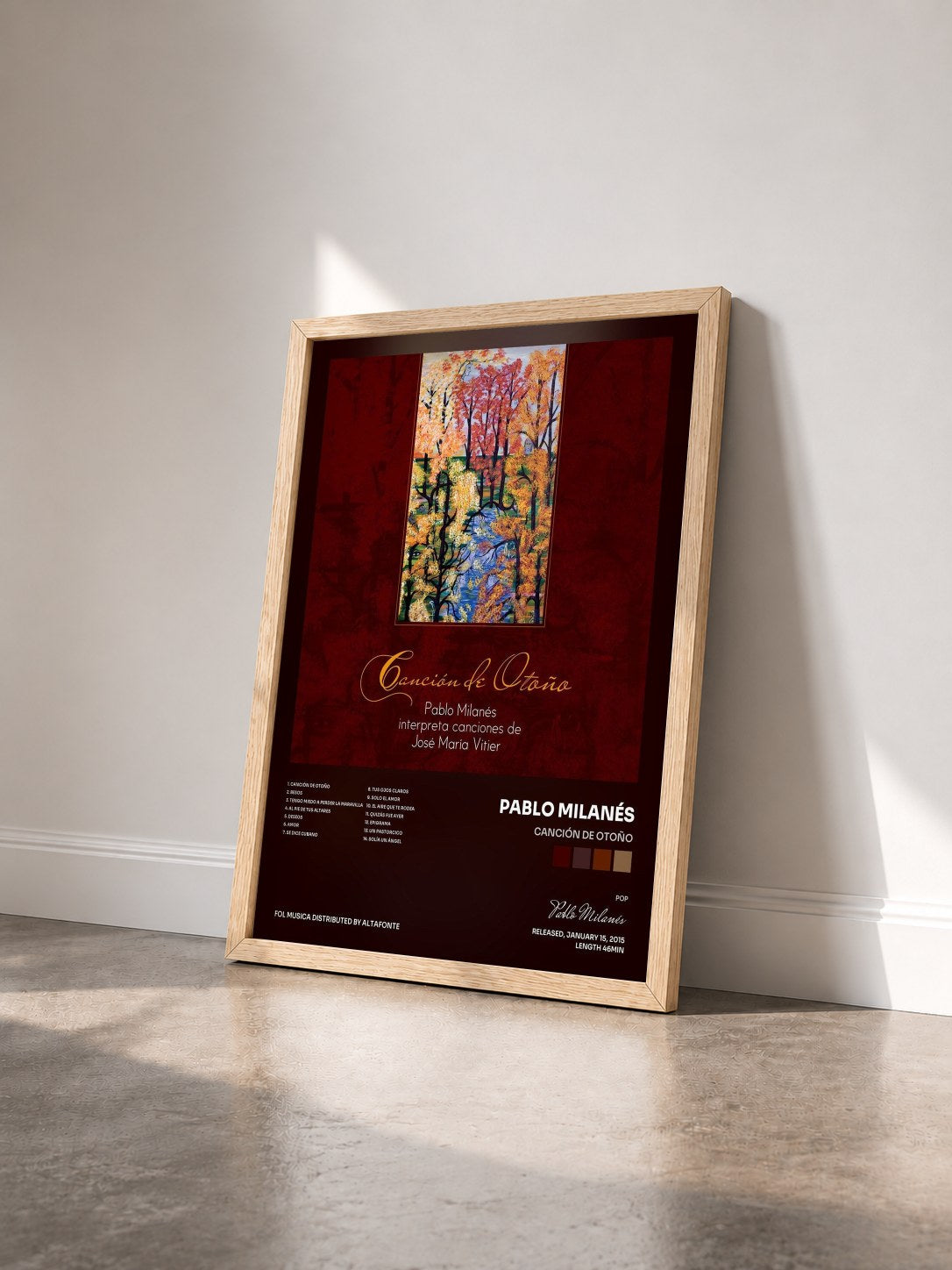 #bois Tableau de l'album Canción de Otoño de Pablo Milanés vu de trois quarts, cadre en bois brut