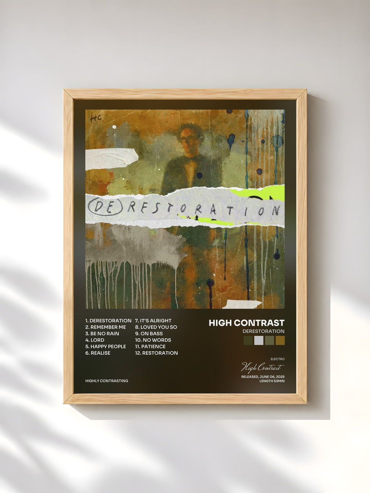 #bois Tableau de l'album Derestoration de High Contrast, cadre en bois brut, imprimé et encadré en France
