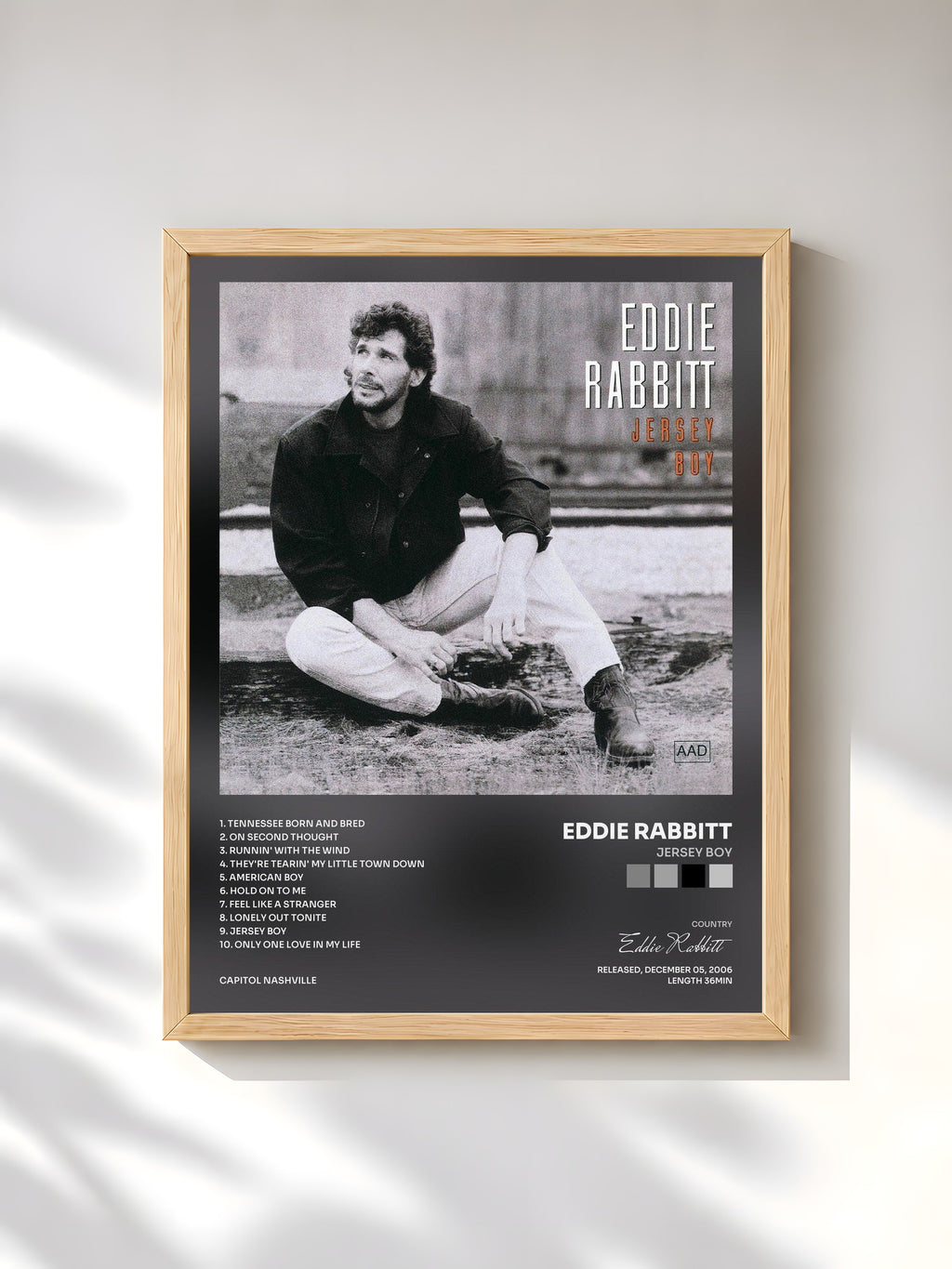 #bois Tableau de l'album Jersey Boy de Eddie Rabbitt, cadre en bois brut, imprimé et encadré en France