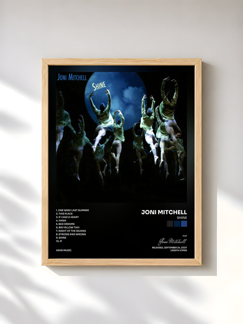 #bois Tableau de l'album Shine de Joni Mitchell, cadre en bois brut, imprimé et encadré en France