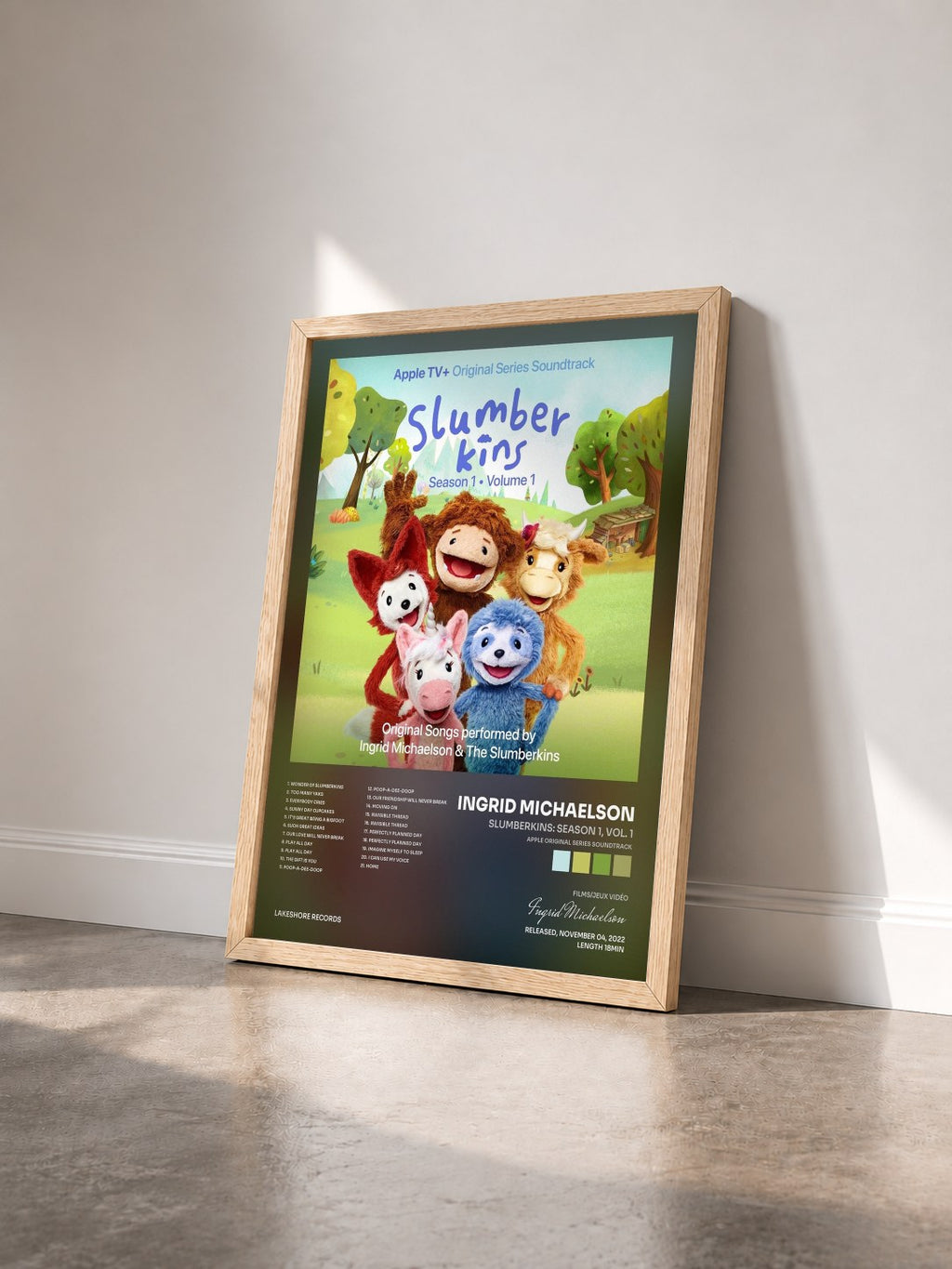 #bois Tableau de l'album Slumberkins: Season 1, Vol. 1 (Apple Original Series Soundtrack) de Ingrid Michaelson vu de trois quarts, cadre en bois brut