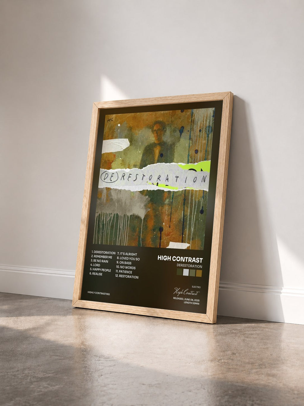 #bois Tableau de l'album Derestoration de High Contrast vu de trois quarts, cadre en bois brut