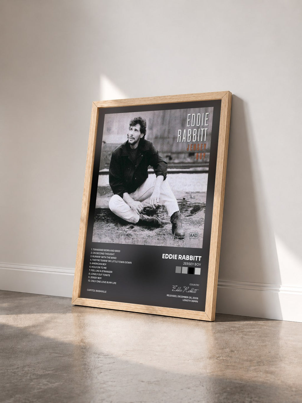 #bois Tableau de l'album Jersey Boy de Eddie Rabbitt vu de trois quarts, cadre en bois brut