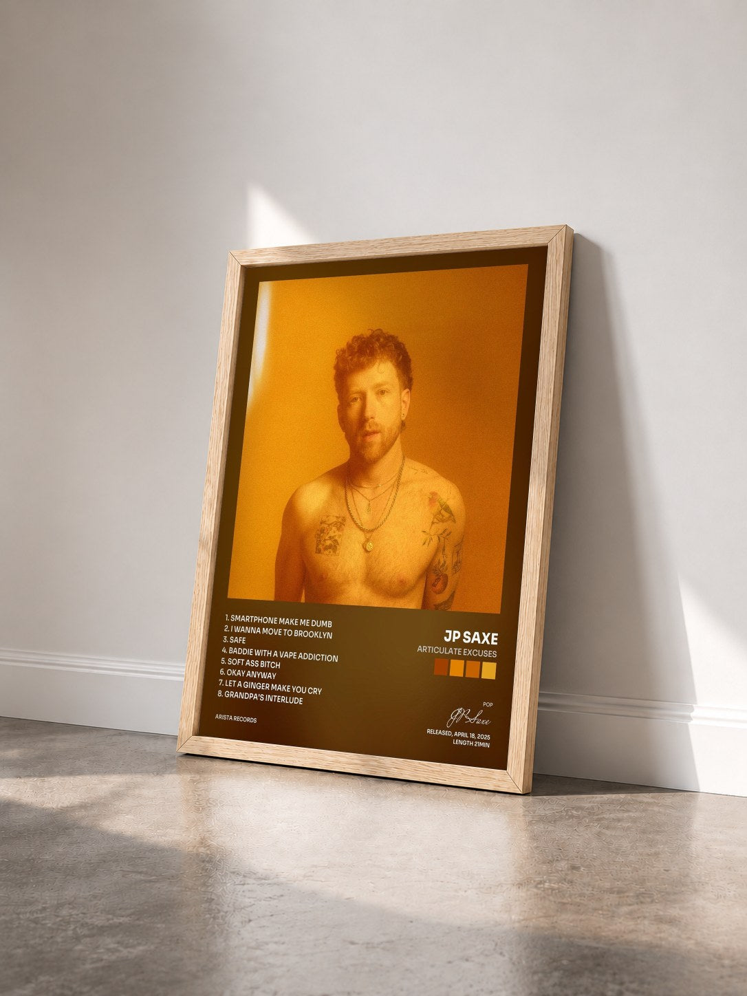 #bois Tableau de l'album Articulate Excuses de JP Saxe vu de trois quarts, cadre en bois brut