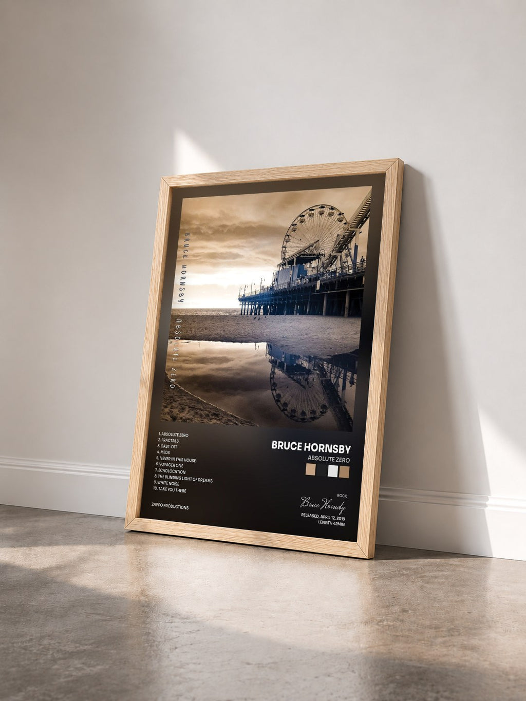 #bois Tableau de l'album Absolute Zero de Bruce Hornsby vu de trois quarts, cadre en bois brut