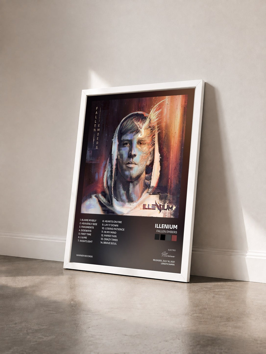 #blanc Tableau de l'album Fallen Embers de Illenium vu de trois quarts, cadre blanc