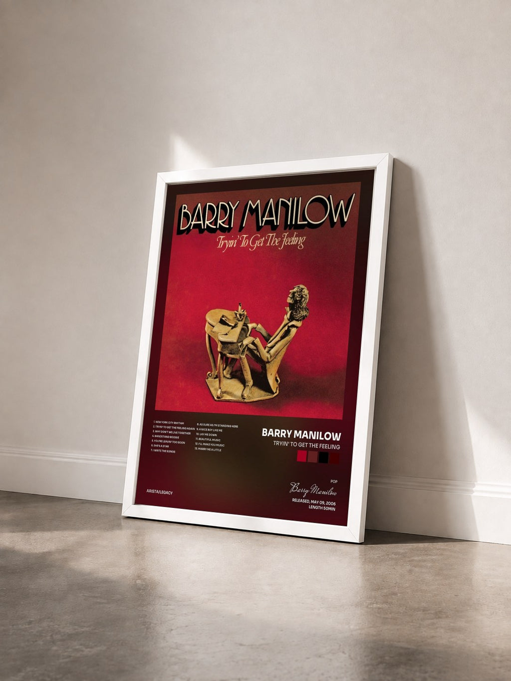 #blanc Tableau de l'album Tryin' To Get The Feeling de Barry Manilow vu de trois quarts, cadre blanc