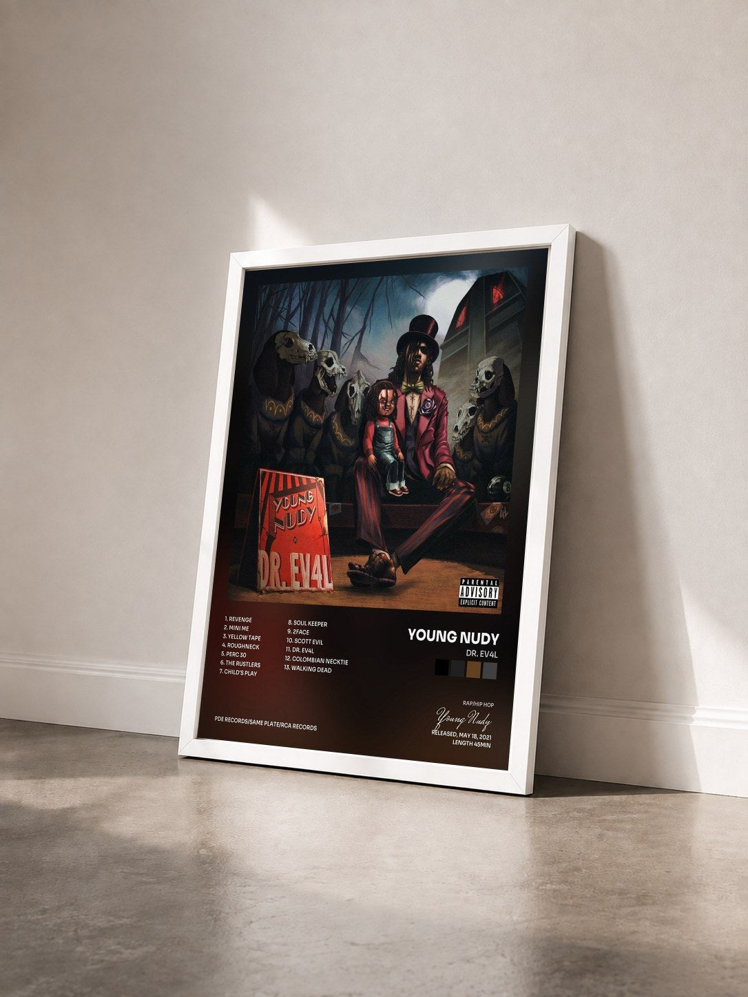 #blanc Tableau de l'album DR. EV4L de Young Nudy vu de trois quarts, cadre blanc