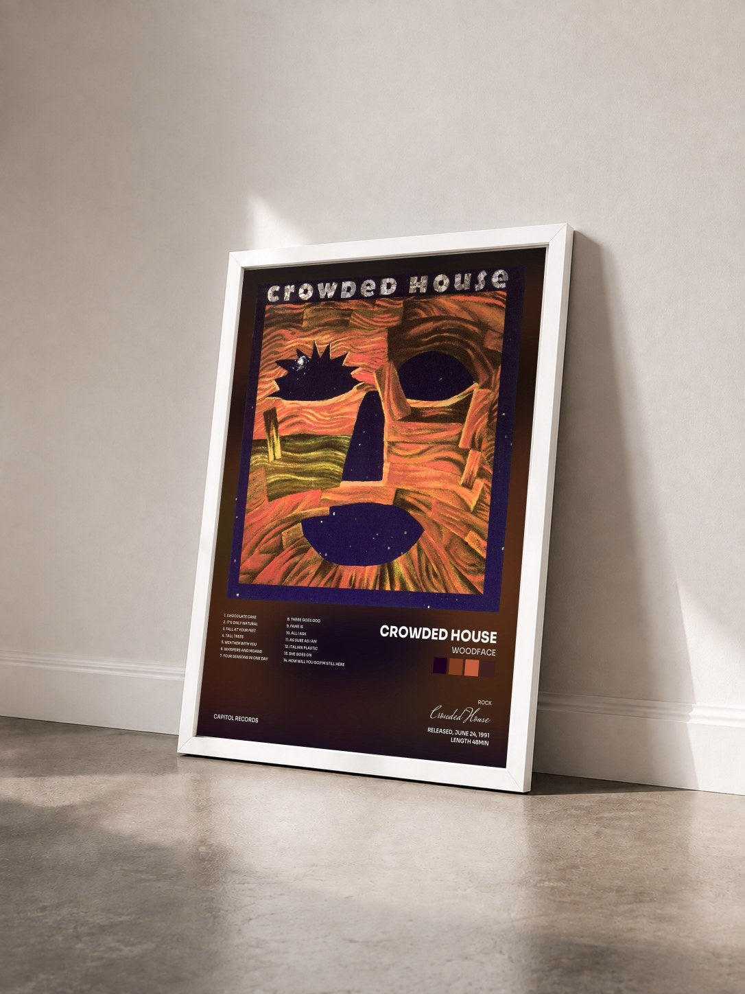 #blanc Tableau de l'album Woodface de Crowded House vu de trois quarts, cadre blanc