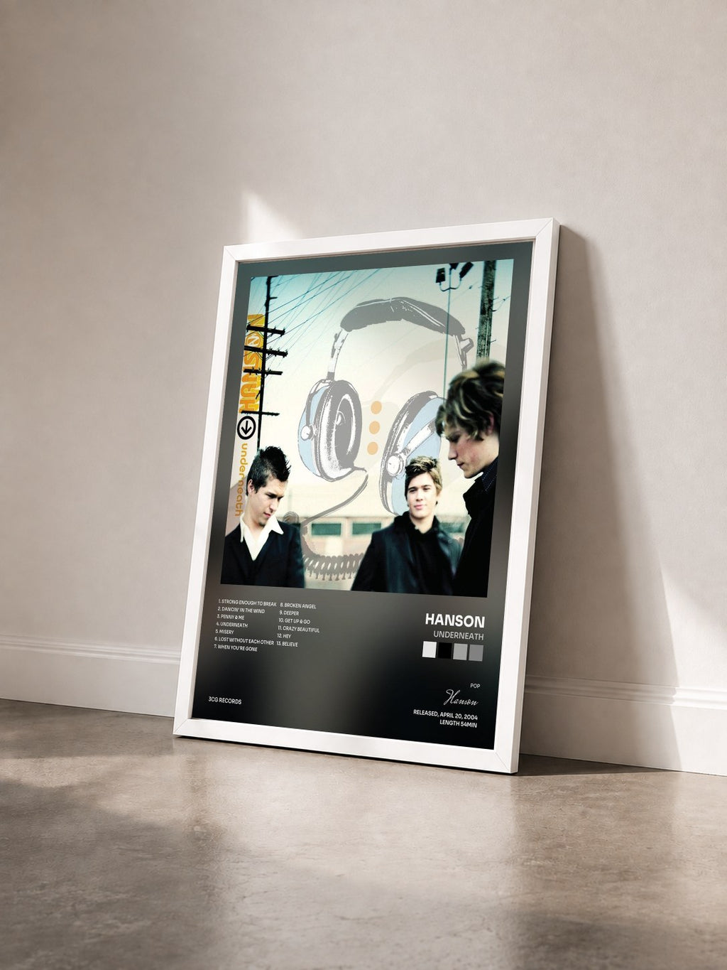 #blanc Tableau de l'album Underneath de Hanson vu de trois quarts, cadre blanc