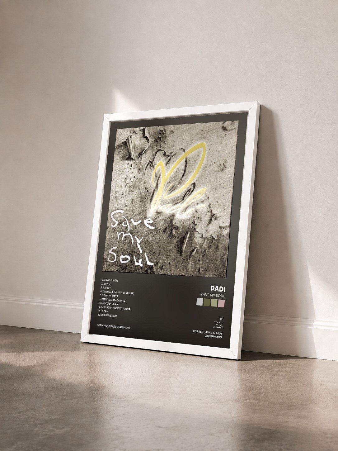 #blanc Tableau de l'album Save My Soul de Padi vu de trois quarts, cadre blanc
