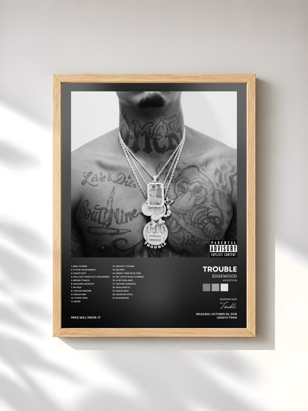 #bois Tableau de l'album Edgewood (41E Edition) de Trouble, cadre en bois brut, imprimé et encadré en France