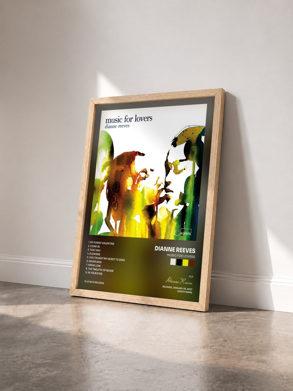 #bois Tableau de l'album Music For Lovers de Dianne Reeves vu de trois quarts, cadre en bois brut