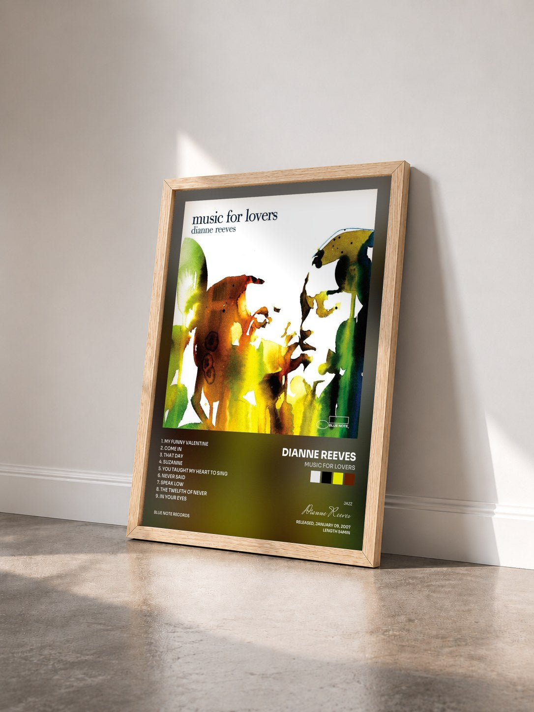 #bois Tableau de l'album Music For Lovers de Dianne Reeves vu de trois quarts, cadre en bois brut