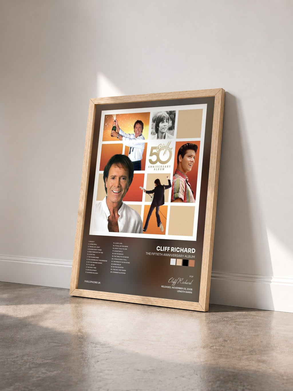 #bois Tableau de l'album The Fiftieth Anniversary Album de Cliff Richard vu de trois quarts, cadre en bois brut