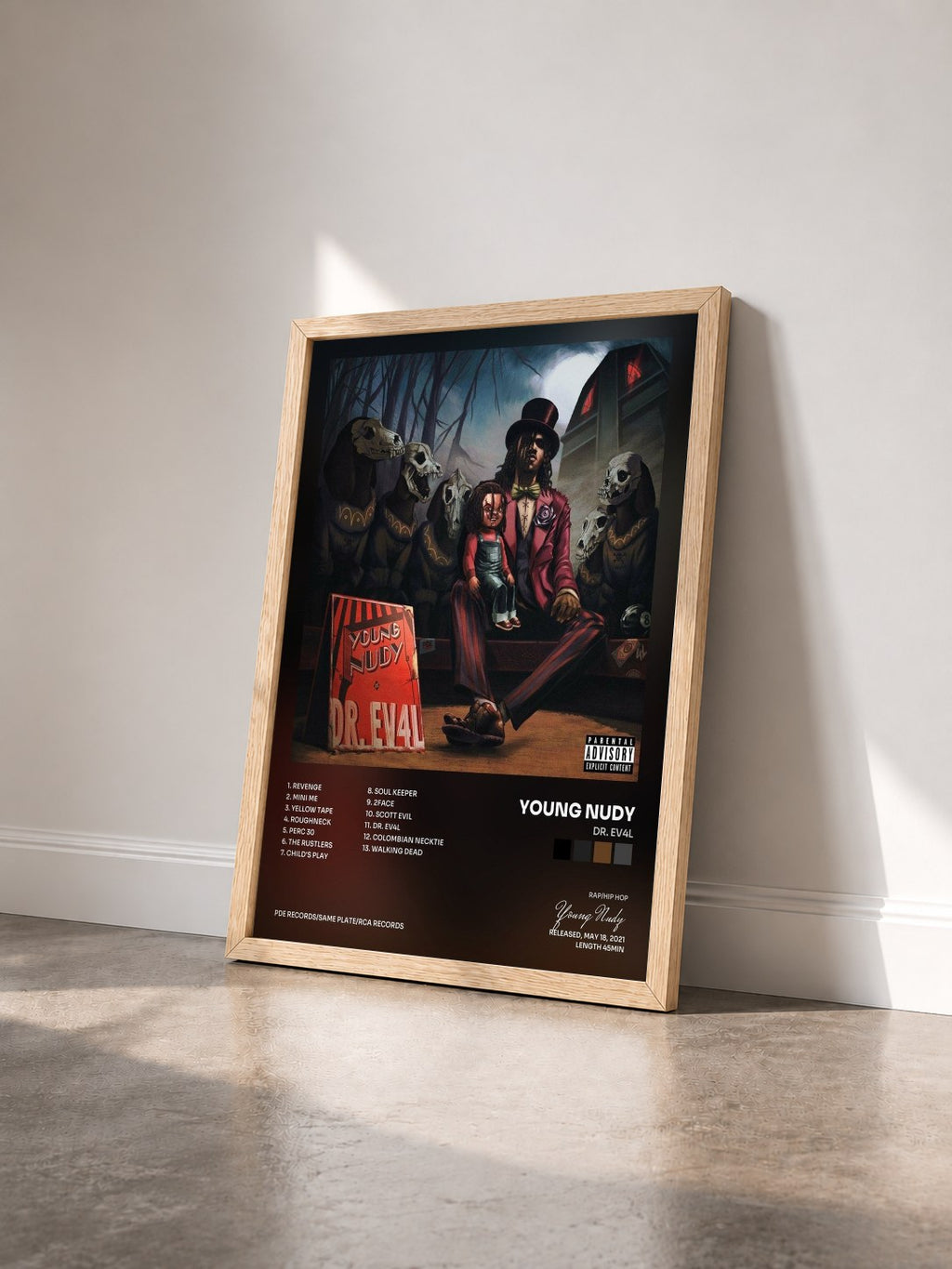 #bois Tableau de l'album DR. EV4L de Young Nudy vu de trois quarts, cadre en bois brut