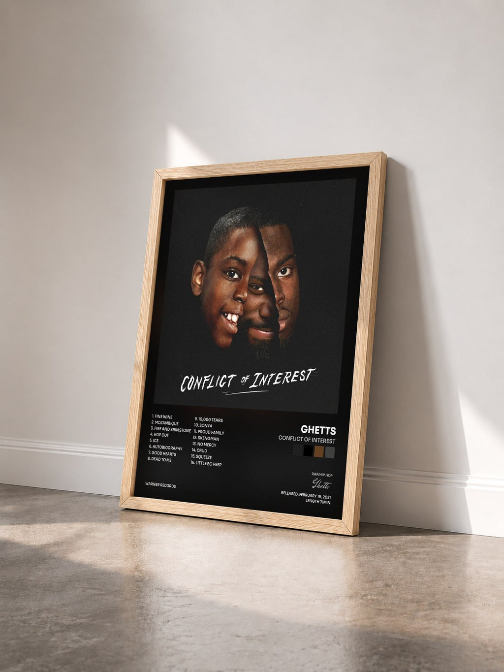 #bois Tableau de l'album Conflict Of Interest de Ghetts vu de trois quarts, cadre en bois brut