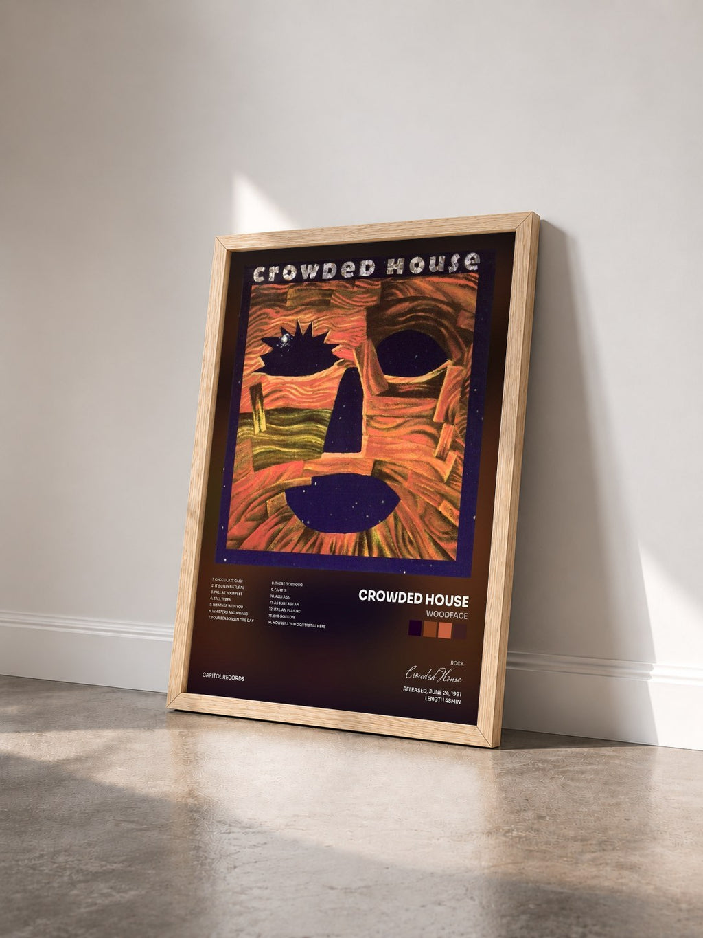 #bois Tableau de l'album Woodface de Crowded House vu de trois quarts, cadre en bois brut