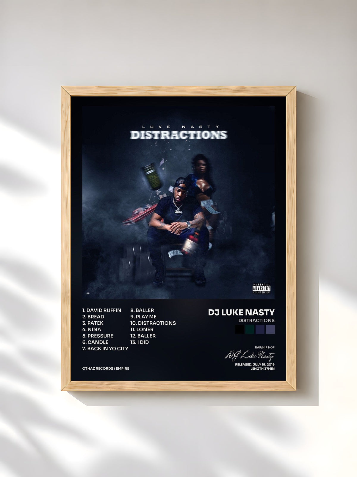 #bois Tableau de l'album Distractions de DJ Luke Nasty, cadre en bois brut, imprimé et encadré en France