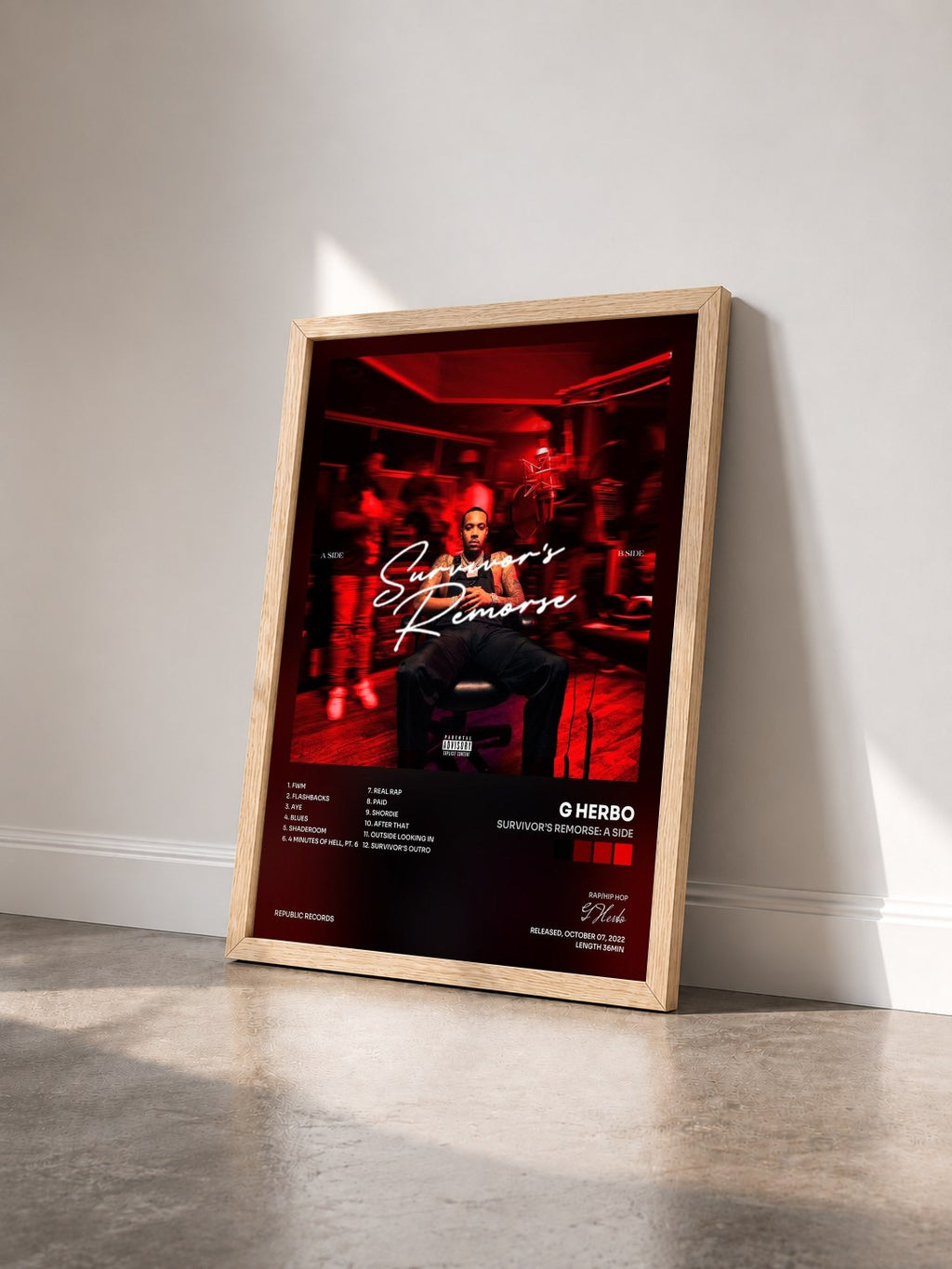 #bois Tableau de l'album Survivor’s Remorse: A Side de G Herbo vu de trois quarts, cadre en bois brut