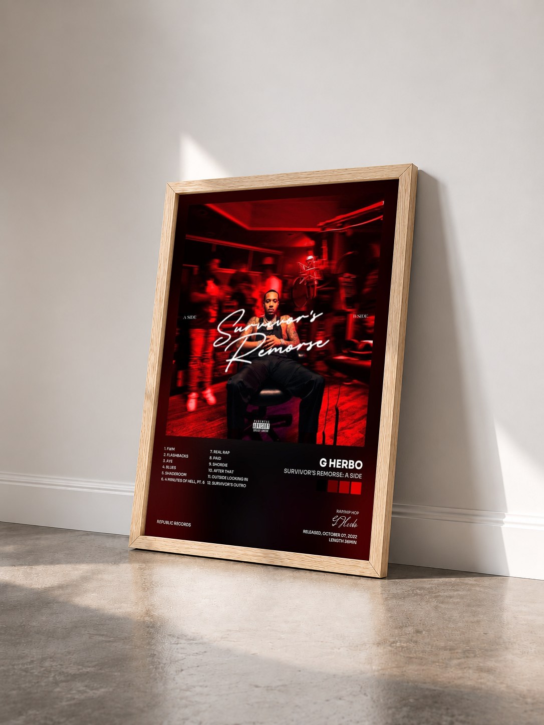 #bois Tableau de l'album Survivor’s Remorse: A Side de G Herbo vu de trois quarts, cadre en bois brut