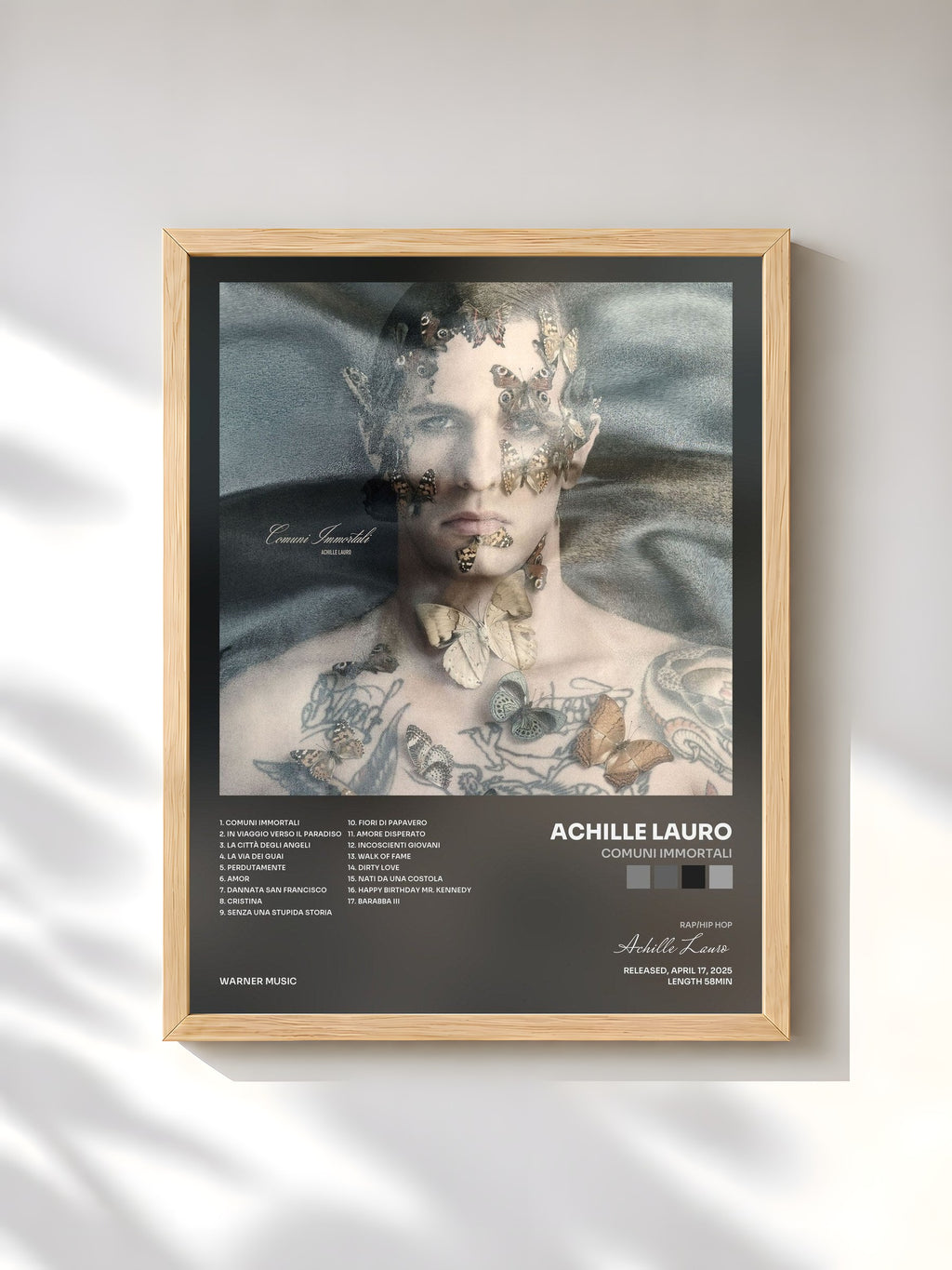 #bois Tableau de l'album Comuni Immortali de Achille Lauro, cadre en bois brut, imprimé et encadré en France