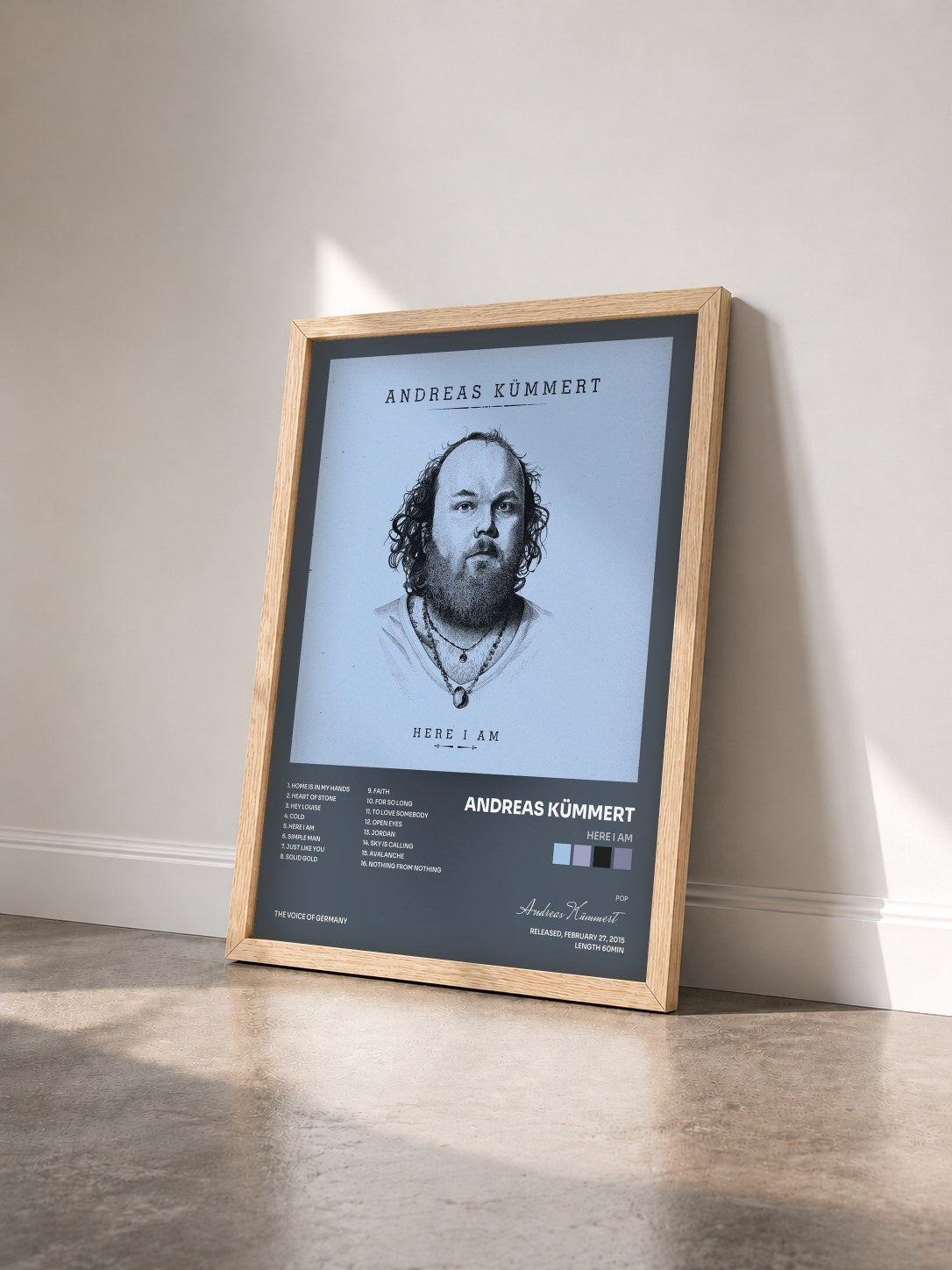 #bois Tableau de l'album Here I Am de Andreas Kümmert vu de trois quarts, cadre en bois brut