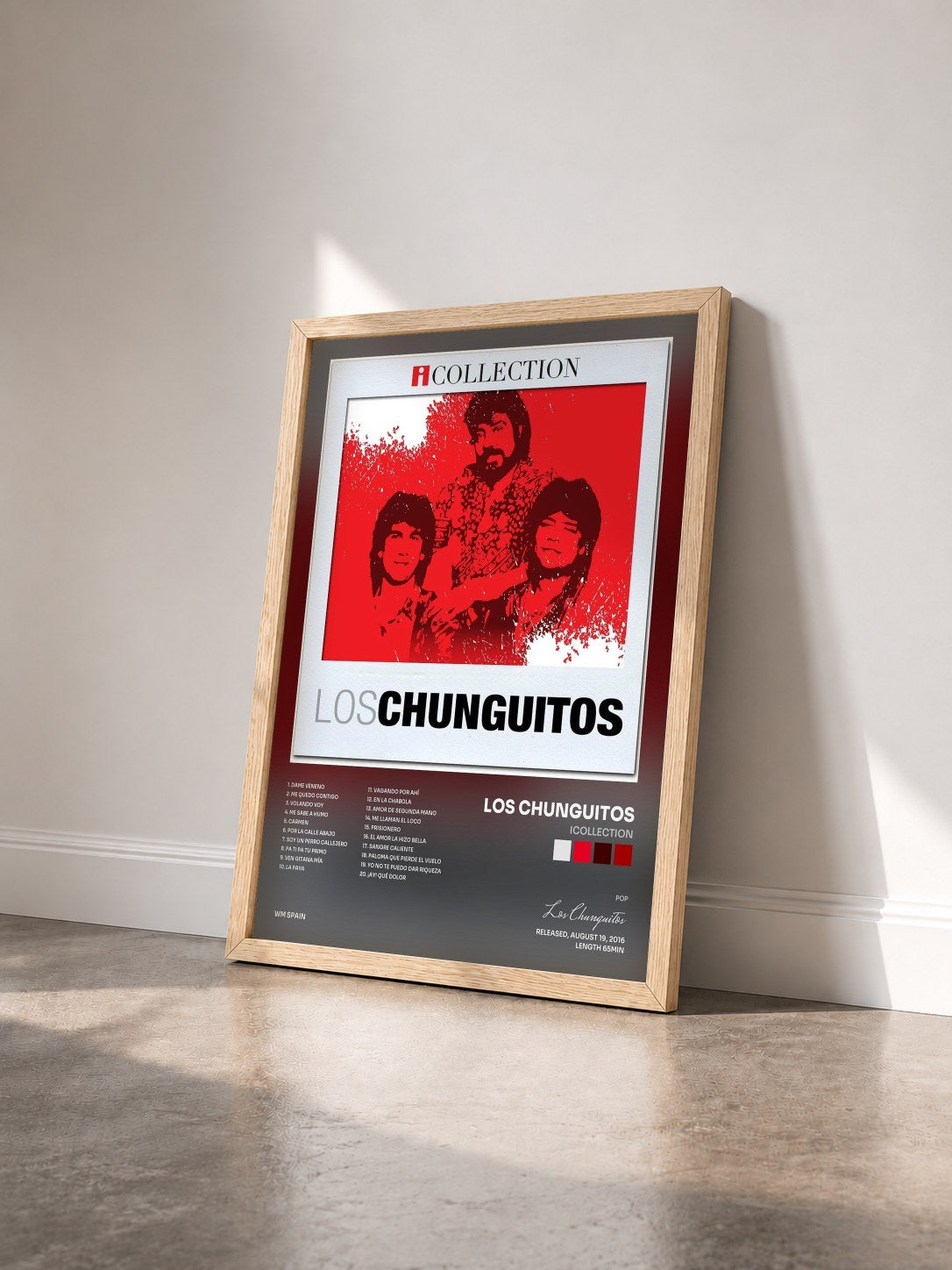 #bois Tableau de l'album iCollection de Los Chunguitos vu de trois quarts, cadre en bois brut