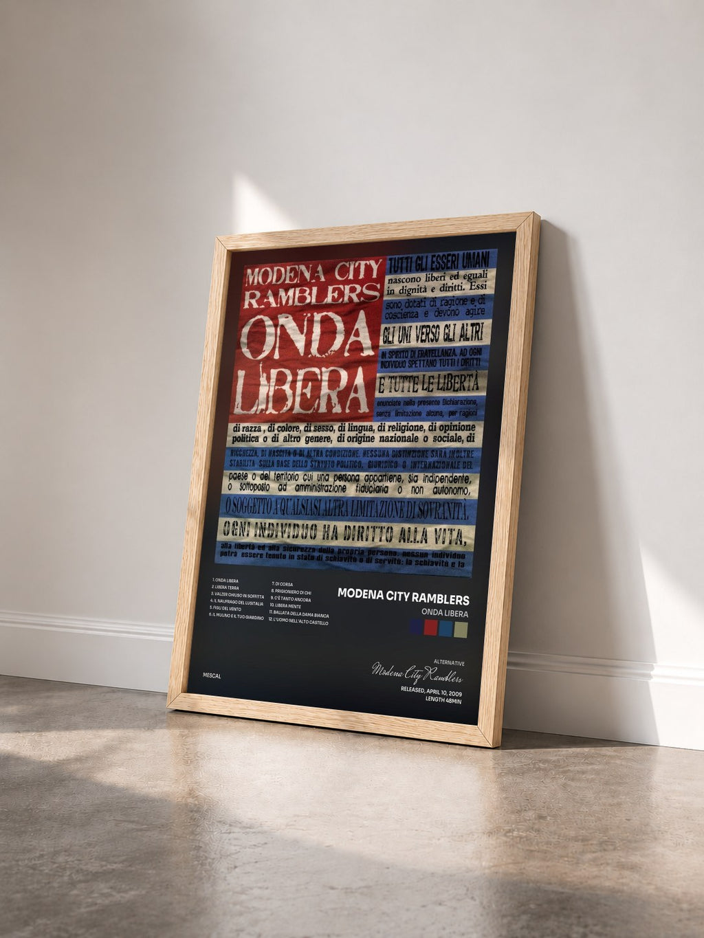 #bois Tableau de l'album Onda libera de Modena City Ramblers vu de trois quarts, cadre en bois brut