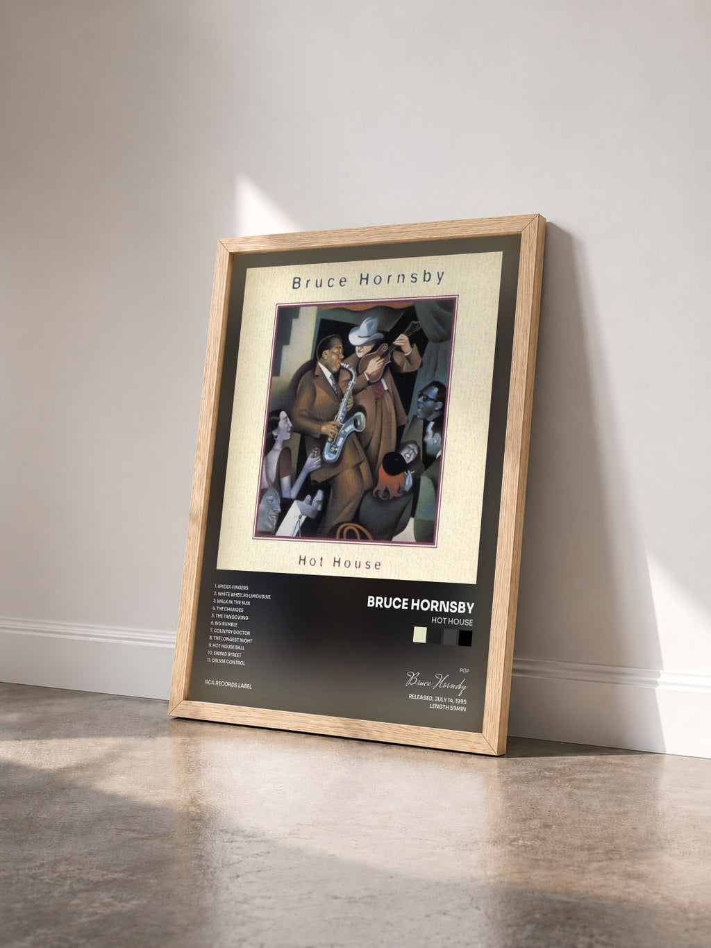 #bois Tableau de l'album Hot House de Bruce Hornsby vu de trois quarts, cadre en bois brut