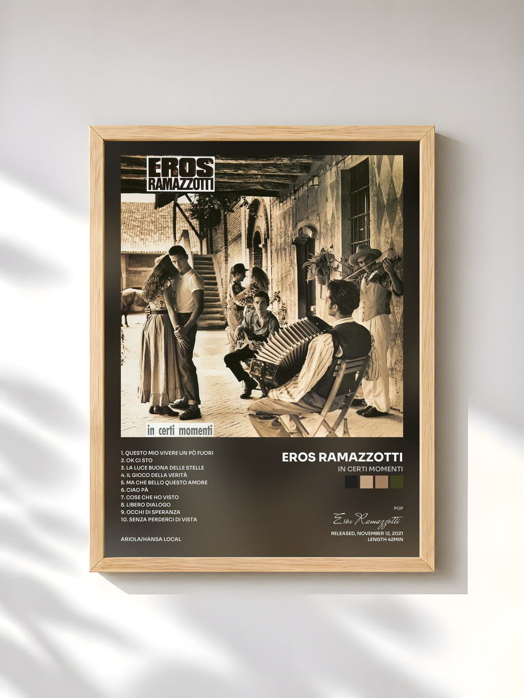 #bois Tableau de l'album In certi momenti de Eros Ramazzotti, cadre en bois brut, imprimé et encadré en France