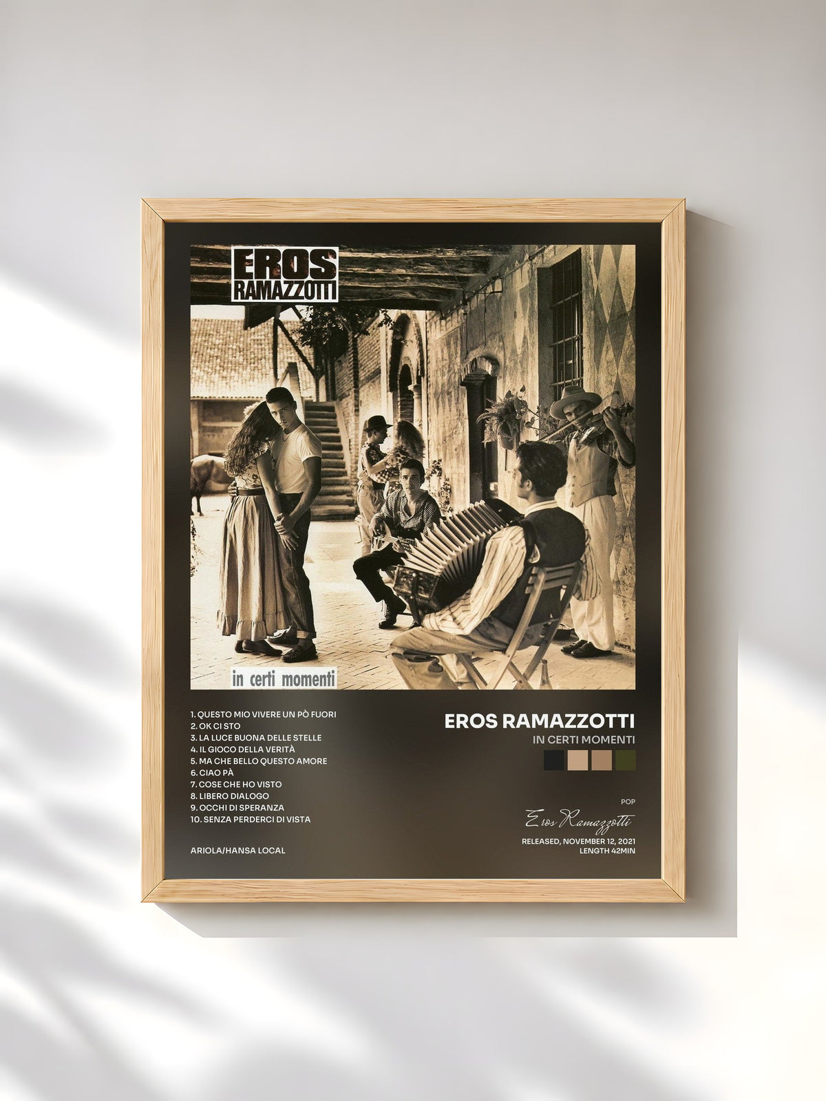 #bois Tableau de l'album In certi momenti de Eros Ramazzotti, cadre en bois brut, imprimé et encadré en France