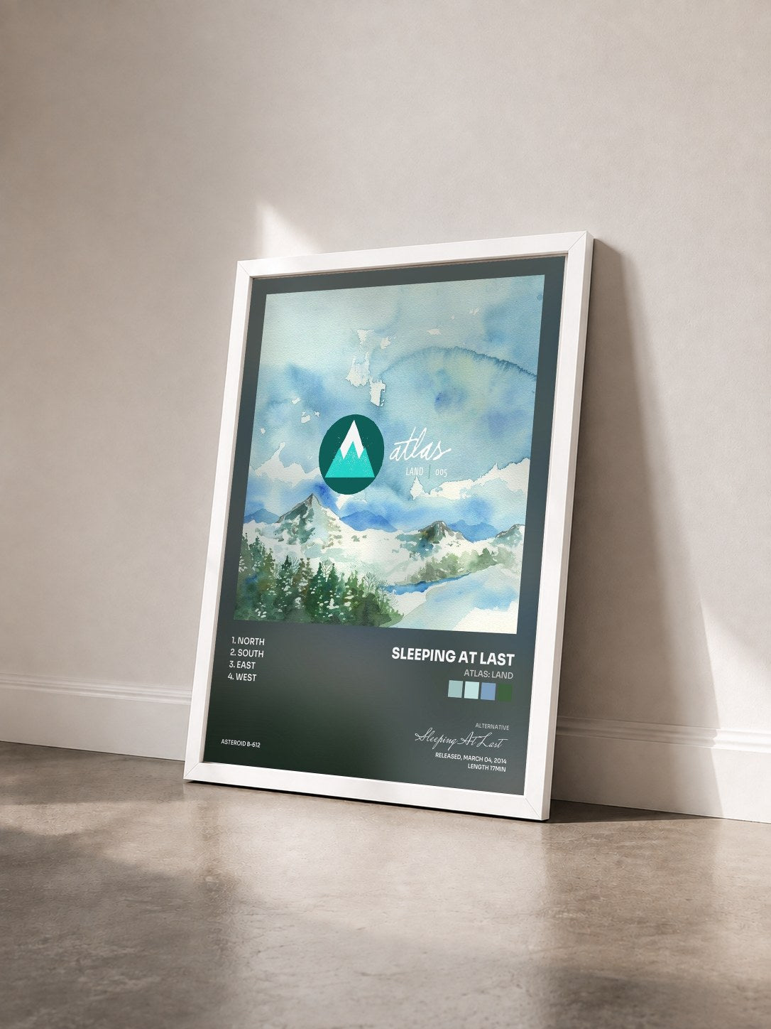 #blanc Tableau de l'album Atlas: Land de Sleeping At Last vu de trois quarts, cadre blanc