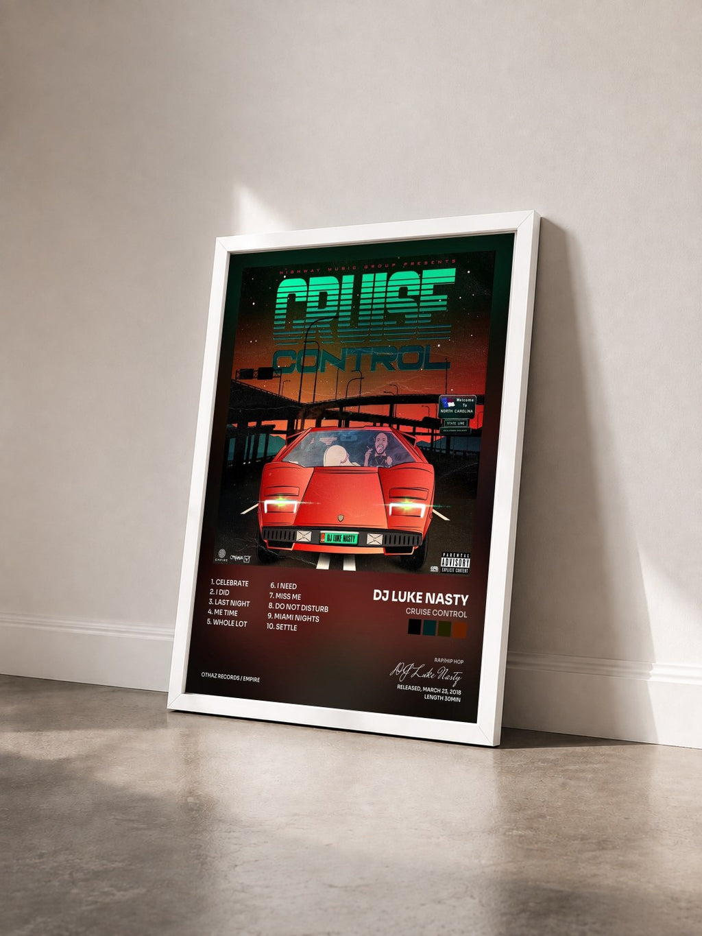 #blanc Tableau de l'album Cruise Control de DJ Luke Nasty vu de trois quarts, cadre blanc