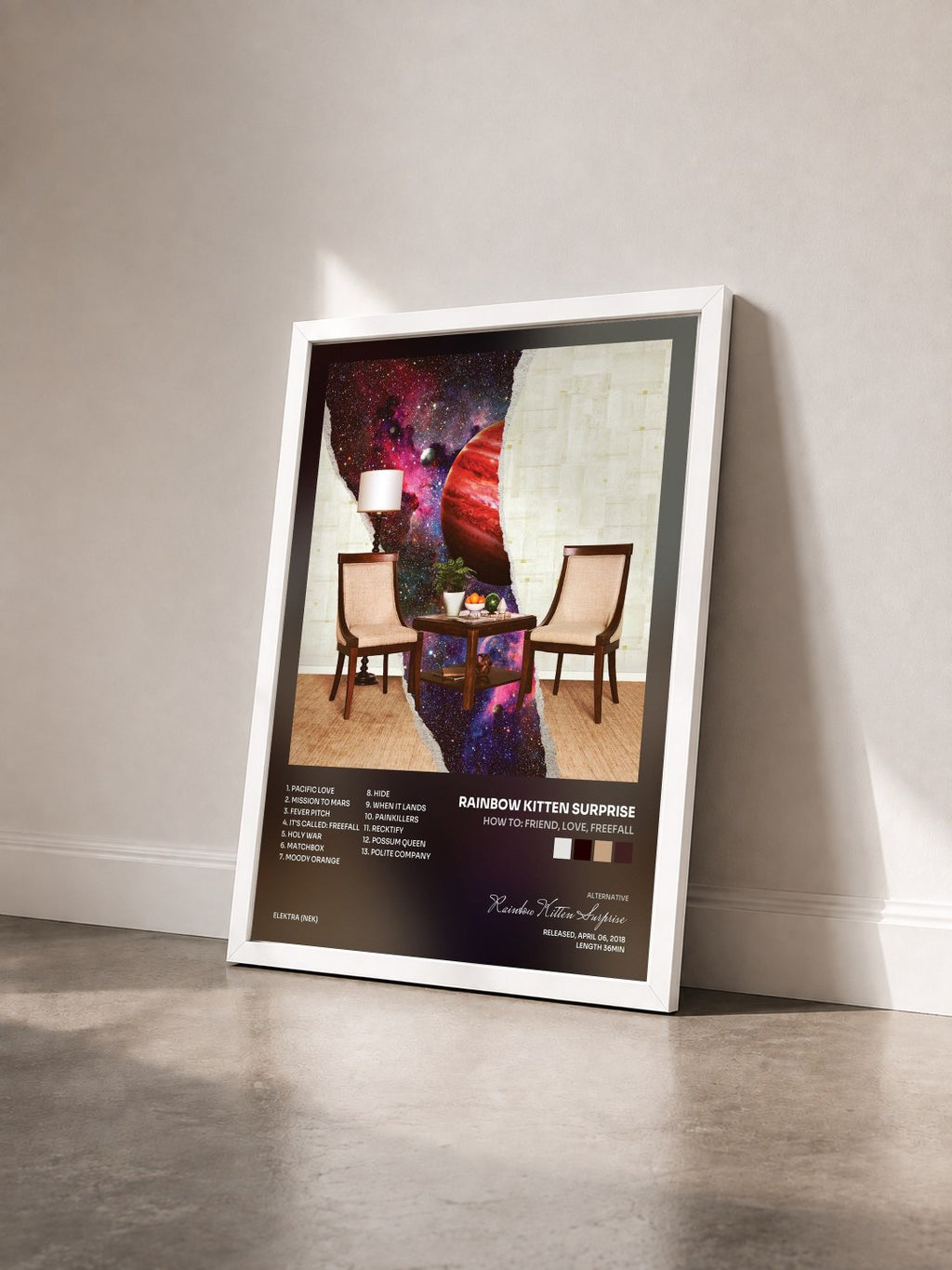#blanc Tableau de l'album How to: Friend, Love, Freefall de Rainbow Kitten Surprise vu de trois quarts, cadre blanc