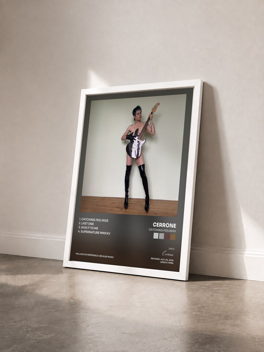 #blanc Tableau de l'album Catching feelings de Cerrone vu de trois quarts, cadre blanc