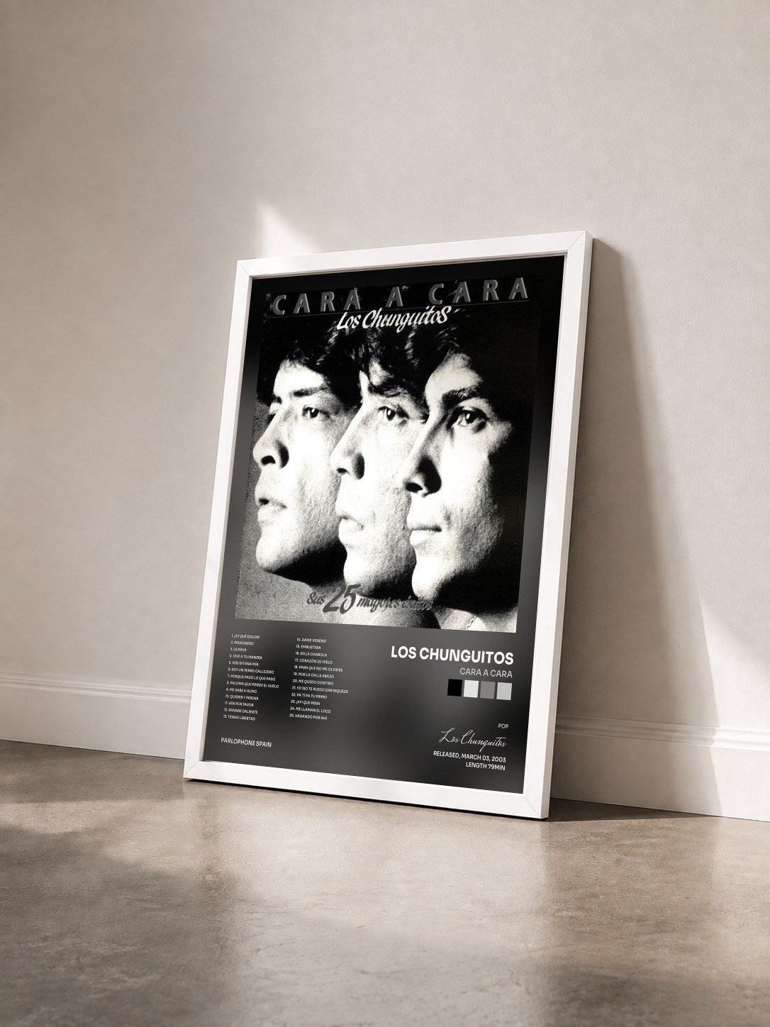 #blanc Tableau de l'album Cara A Cara de Los Chunguitos vu de trois quarts, cadre blanc