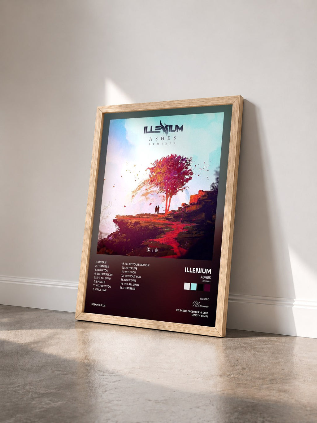 #bois Tableau de l'album Ashes (Remixes) de Illenium vu de trois quarts, cadre en bois brut