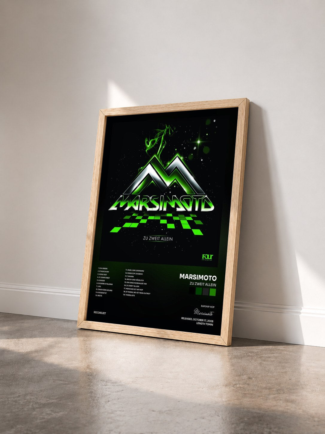 #bois Tableau de l'album Zu Zweit Allein de Marsimoto vu de trois quarts, cadre en bois brut