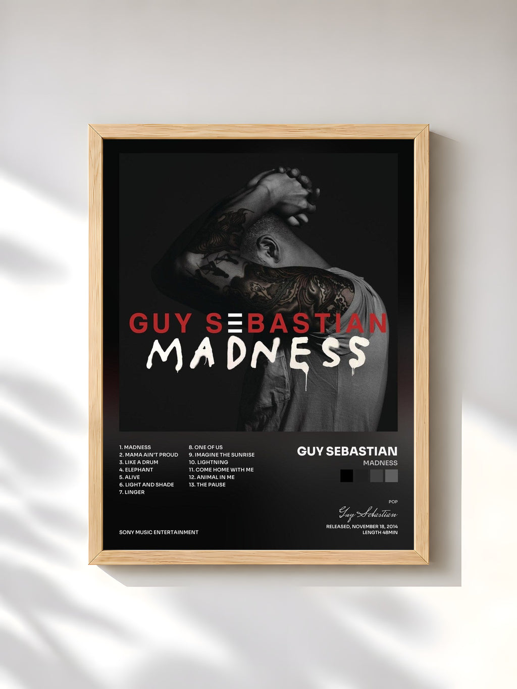 #bois Tableau de l'album Madness de Guy Sebastian, cadre en bois brut, imprimé et encadré en France
