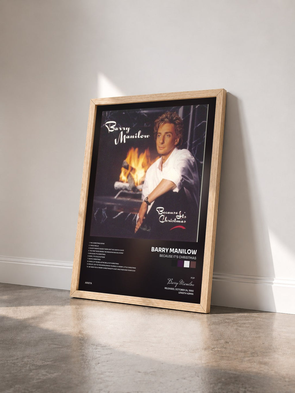 #bois Tableau de l'album Because It's Christmas de Barry Manilow vu de trois quarts, cadre en bois brut