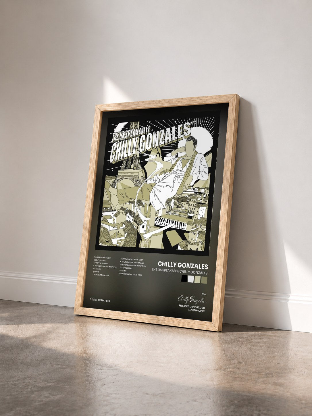 #bois Tableau de l'album The Unspeakable Chilly Gonzales de Chilly Gonzales vu de trois quarts, cadre en bois brut