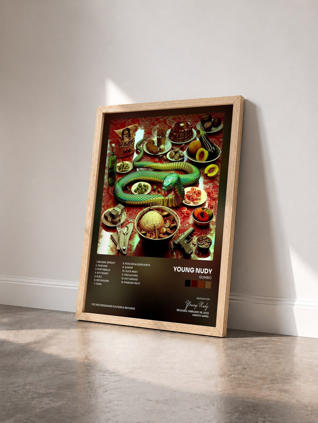 #bois Tableau de l'album Gumbo de Young Nudy vu de trois quarts, cadre en bois brut