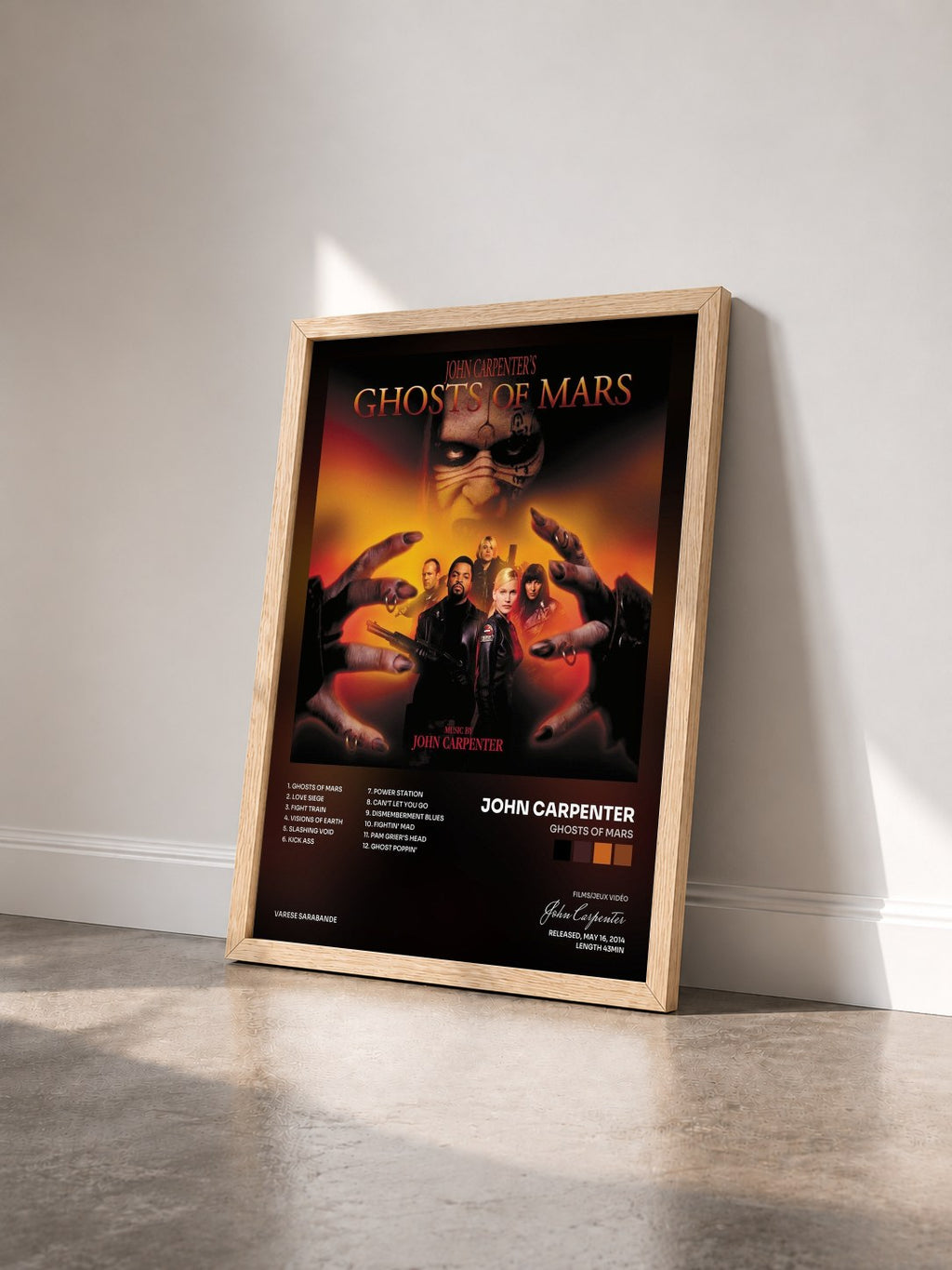 #bois Tableau de l'album Ghosts Of Mars de John Carpenter vu de trois quarts, cadre en bois brut