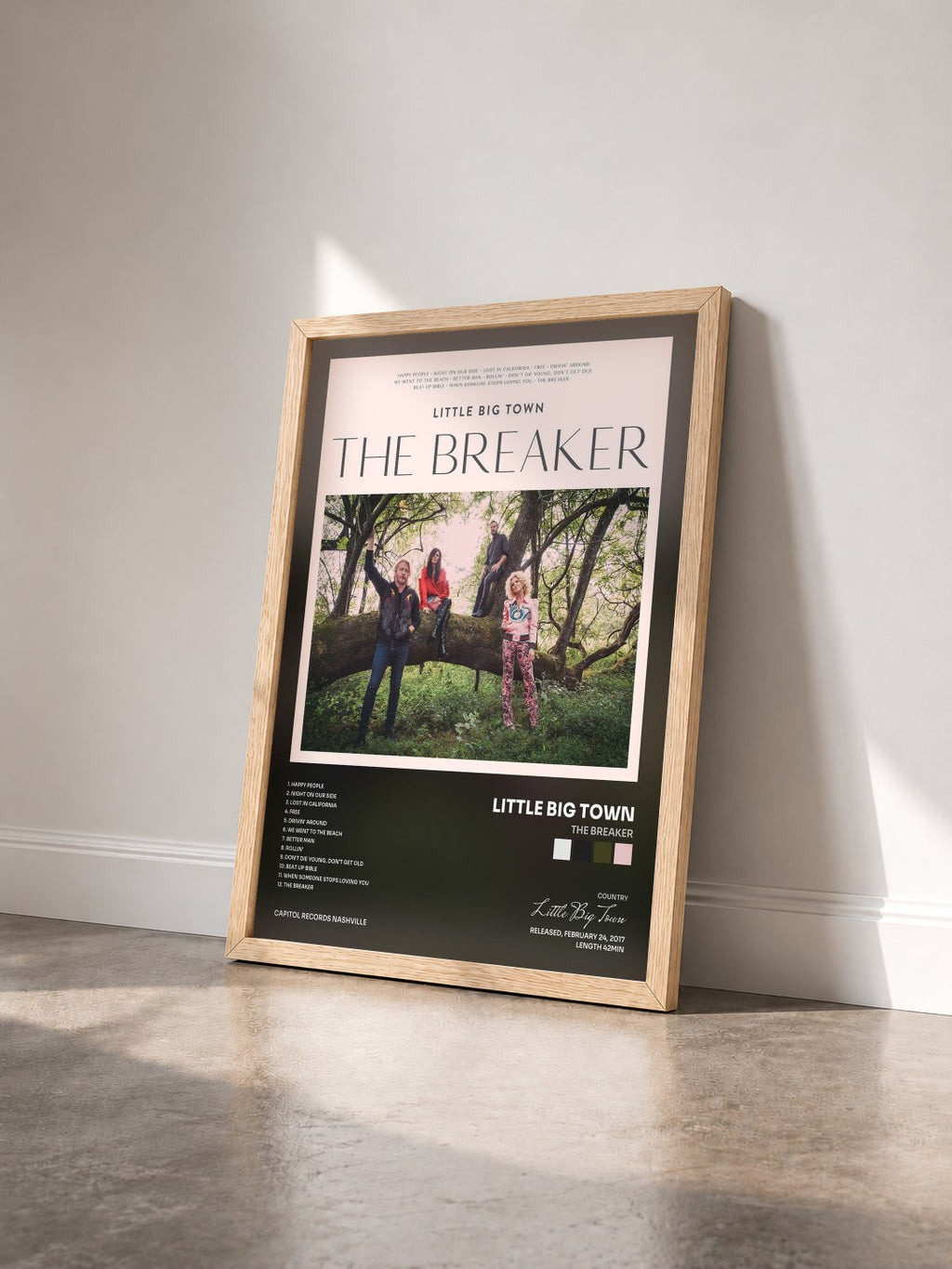 #bois Tableau de l'album The Breaker de Little Big Town vu de trois quarts, cadre en bois brut