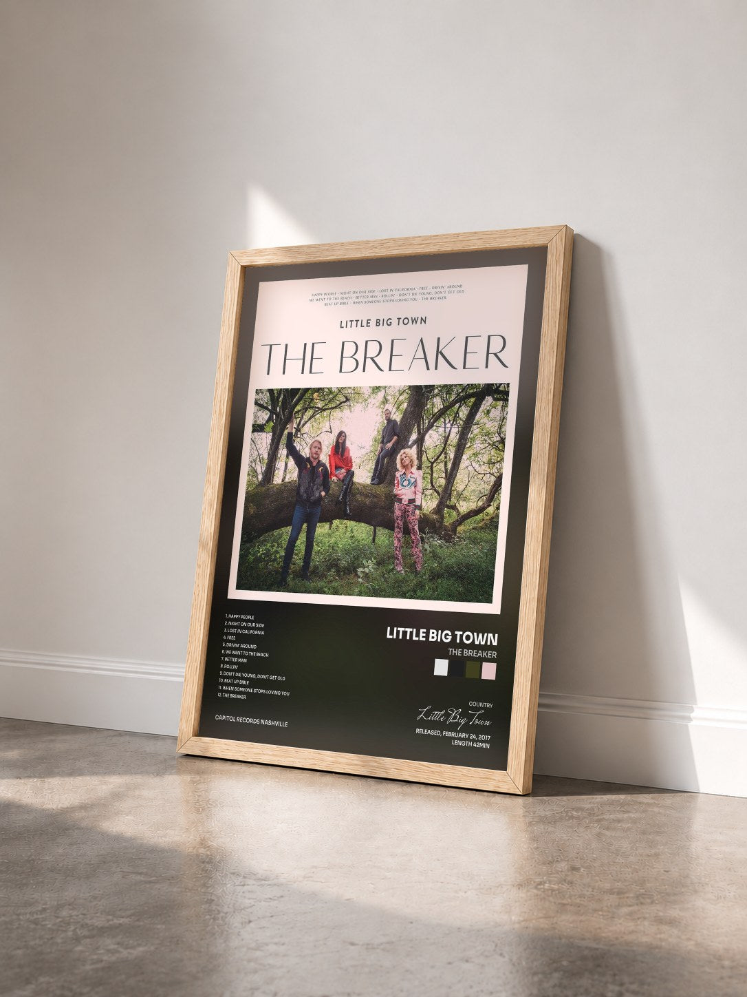 #bois Tableau de l'album The Breaker de Little Big Town vu de trois quarts, cadre en bois brut