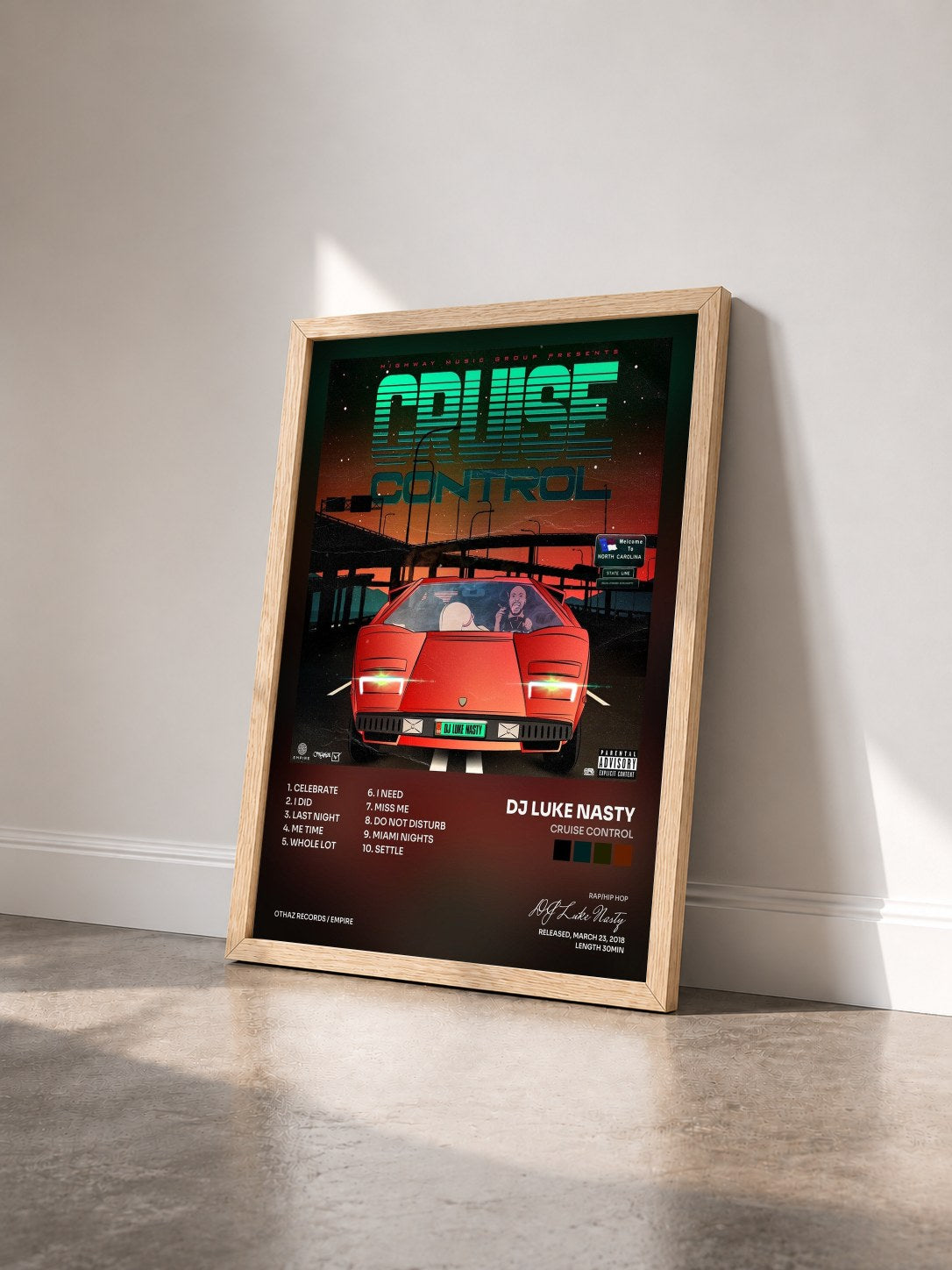 #bois Tableau de l'album Cruise Control de DJ Luke Nasty vu de trois quarts, cadre en bois brut