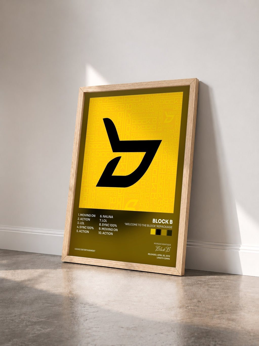 #bois Tableau de l'album ‘Welcome to the BLOCK’ Repackage de Block B vu de trois quarts, cadre en bois brut